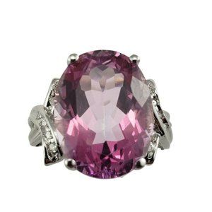 Vintage 14 Karat White Gold Pink Glass and Diamond Ring Size 6  #9935